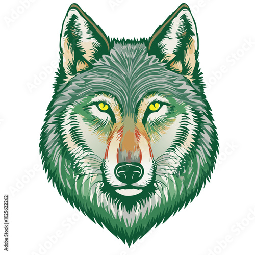 Colorful Graphic Illustration of a Wolf's Face with Yellow Eyes