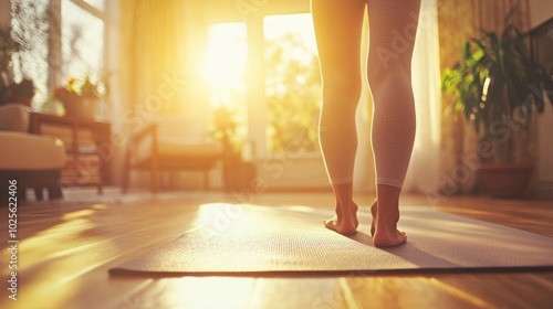 Woman's Feet Standing on a Yoga Mat in a Sunlit Room