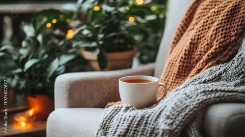 A Cozy Armchair with a Cup of Tea and a Knit Blanket photo