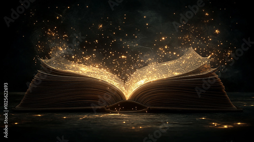 A book with swirling light and glittering stars coming out of it, a magical world created by writing. The dark background emphasizes the light of open pages. Fantasy themed design of creative graphics