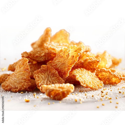 Chicken skin crackling golden crispy pieces flaky sea salt falling Food and Culinary concept