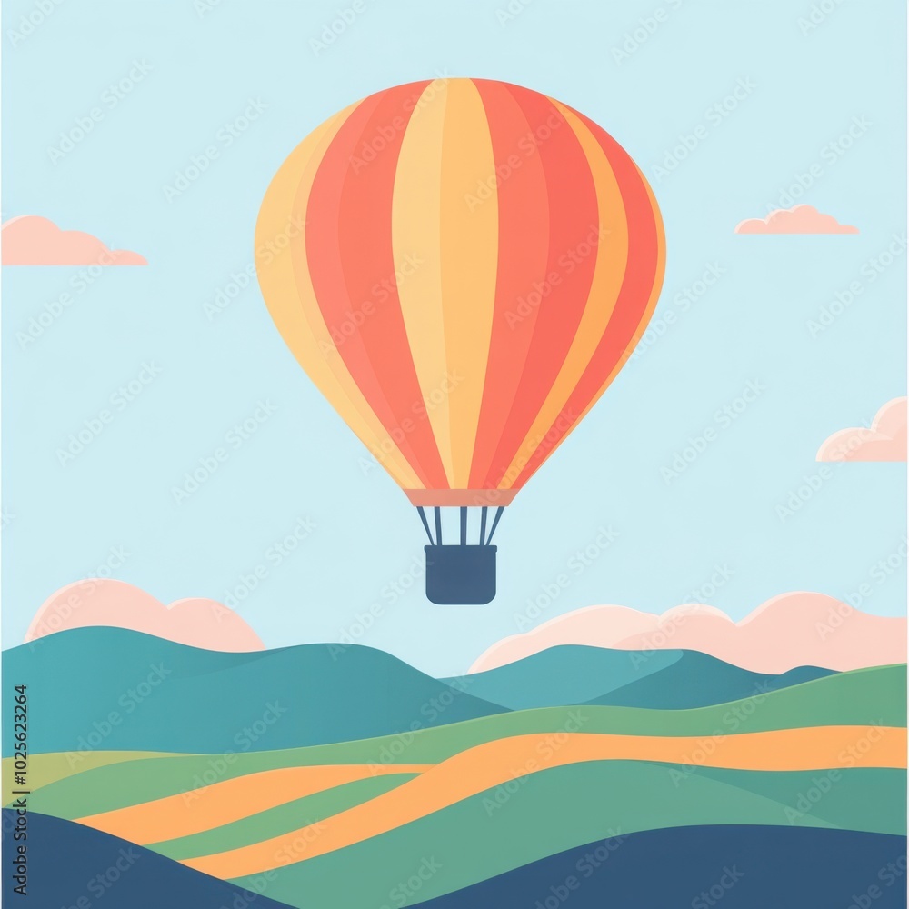 Fototapeta premium Hot air balloon floating over landscape, with copy space