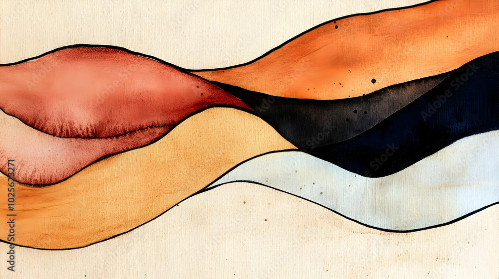 Abstract Watercolor Painting of Wavy Lines in Earthy Tones with Black Outlines Abstract Watercolor Painting of Wavy Lines in Earthy Tones with Black Outlines