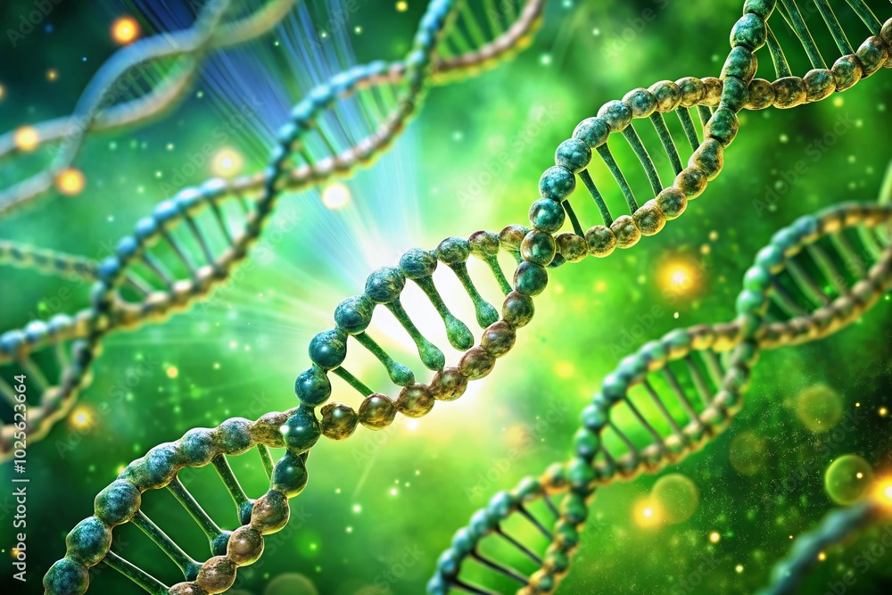 Rotating DNA Chains on a Shining Green Background - Nature Science Illustration for Biotech and Genetics Concepts Rotating DNA Chains on a Shining Green Background - Nature Science Illustration for Biotech and Genetics Concepts