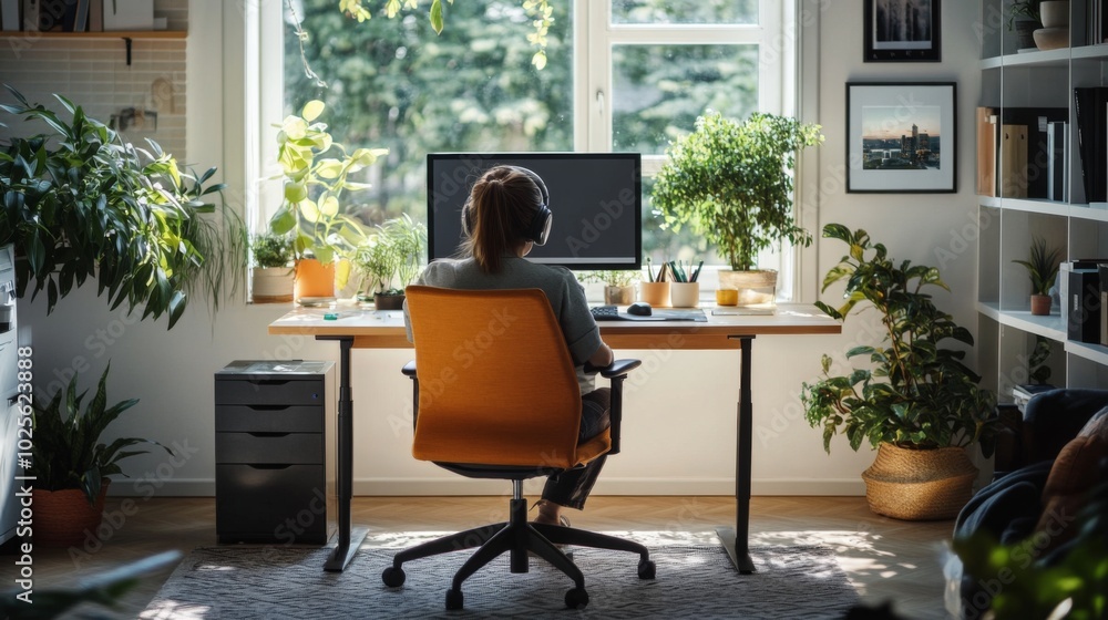 Woman Working at a Desk with a Computer and Plants in a Well-Lit Room Woman Working at a Desk with a Computer and Plants in a Well-Lit Room