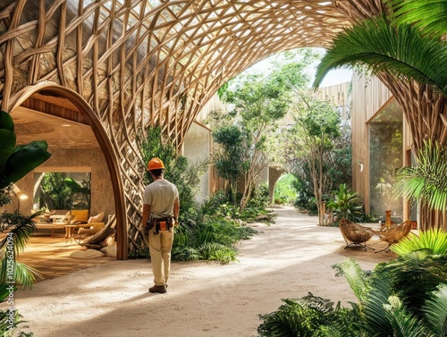 A creative construction worker for eco-tourism infrastructure scene, showcasing workers building eco-friendly lodges, camps, and sustainable facilities in natural, photo