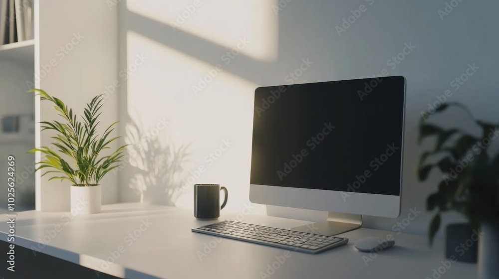 Minimalist White Desk with a Computer, Keyboard, and Mouse Minimalist White Desk with a Computer, Keyboard, and Mouse