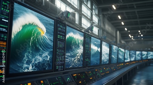 Radar Monitoring Station for Tsunamis: A coastal station with several radar screens monitoring oceanic activity. 