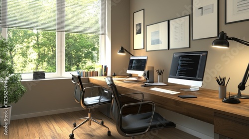 Modern Home Office with Two Computers, Wooden Desk, and Window View