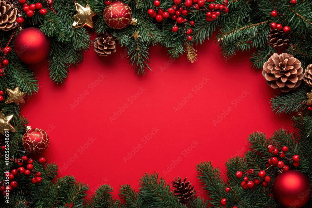Christmas wreath with red background, adorned with vibrant greenery and sparkling ornaments, embodying festive holiday spirit. Christmas wreath with red background, adorned with vibrant greenery and sparkling ornaments, embodying festive holiday spirit.