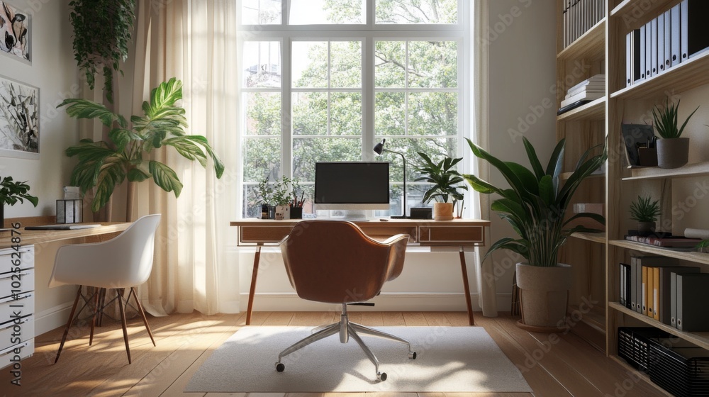 Modern Home Office with Wooden Desk, Large Window, and Greenery Modern Home Office with Wooden Desk, Large Window, and Greenery