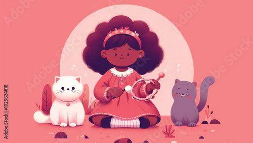 a flat illustration of a little girl playing a tambourine accompanied by a Persian cat