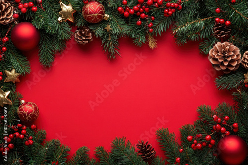 Christmas wreath with red background, adorned with vibrant greenery and sparkling ornaments, embodying festive holiday spirit.