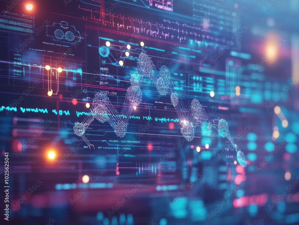 Fototapeta premium A data technology background for personalized medicine, showcasing a blend of genetic data, molecular structures, and personalized health metrics flowing through a futuristic medical interface