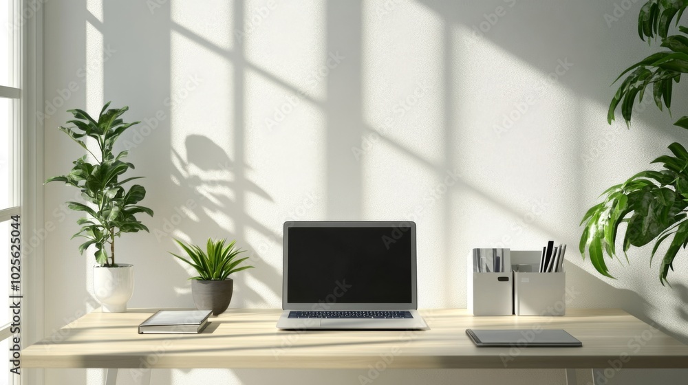 Minimalist Workspace with Laptop, Plants, and Natural Light Minimalist Workspace with Laptop, Plants, and Natural Light