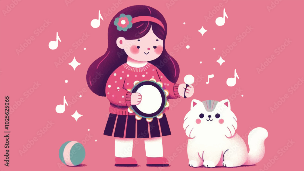 a flat illustration of a little girl playing a tambourine accompanied by a Persian cat a flat illustration of a little girl playing a tambourine accompanied by a Persian cat