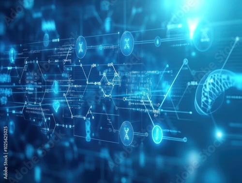 A data technology background for healthcare systems, showcasing medical icons like DNA strands, heartbeats, and data flow, with a clean, clinical design in shades of blue and white