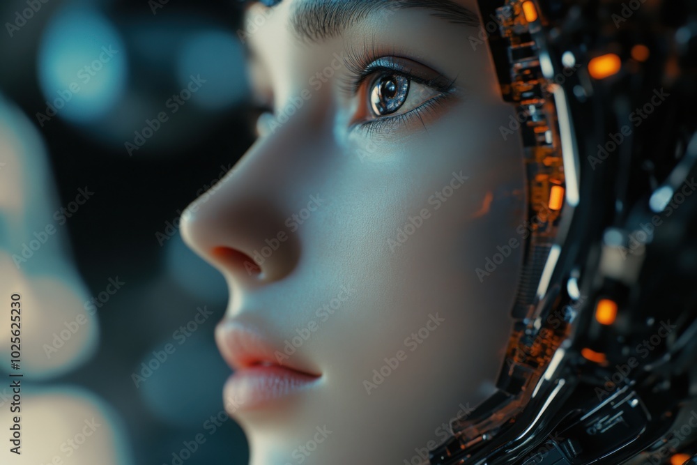Humanoid robot face with exposed mechanics, with copy space Humanoid robot face with exposed mechanics, with copy space