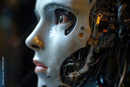 Humanoid robot face with exposed mechanics, with copy space photo