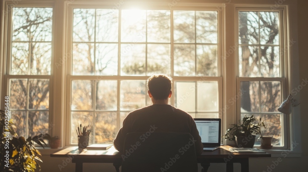 A Man Sitting at a Desk in Front of a Window Looking Outside A Man Sitting at a Desk in Front of a Window Looking Outside