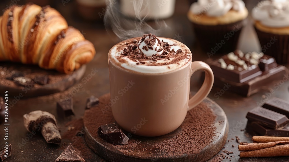A decadent scene of hot chocolate paired with desserts or pastries, featuring chocolate croissants, biscotti, or cinnamon rolls alongside a steaming mug of cocoa