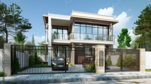 Modern Two-Story House with Black Car in Driveway