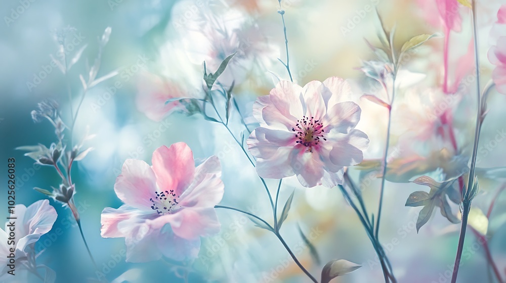 Delicate Pink Flowers with Soft Blue Background Delicate Pink Flowers with Soft Blue Background
