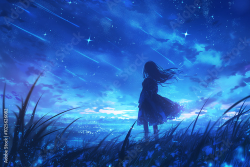 
A beautiful anime-style illustration of a girl with long hair standing in a grassy field at night, looking up at a vast, star-filled sky. The scene is illuminated in deep shades of blue, with clouds 
