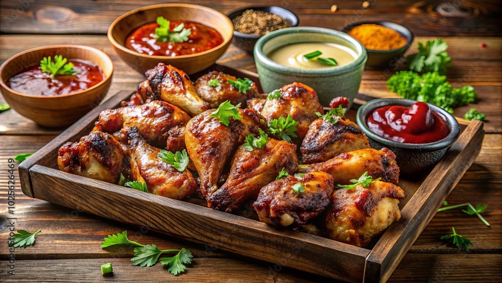 A rustic wooden tray overflowing with savory roasted chicken drumsticks, nestled amongst sprigs of fresh parsley and surrounded by a selection of flavorful dipping sauces. A rustic wooden tray overflowing with savory roasted chicken drumsticks, nestled amongst sprigs of fresh parsley and surrounded by a selection of flavorful dipping sauces.