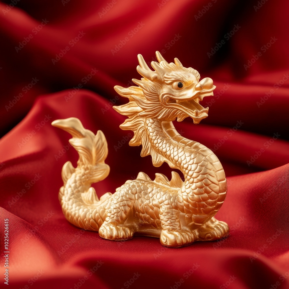 Fototapeta premium A golden zodiac dragon figurine, set against a red silk fabric backdrop