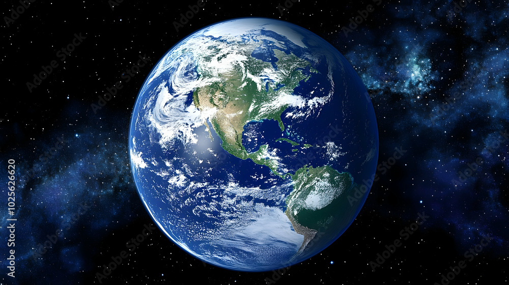 Fototapeta premium A Detailed 3D Rendering of Planet Earth with Clouds and Continents, Set Against a Starry Night Sky