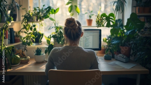 Woman Working at a Desk Surrounded by Plants