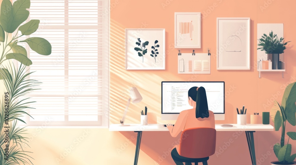 Fototapeta premium Woman Working at Computer Desk in a Modern Home Office
