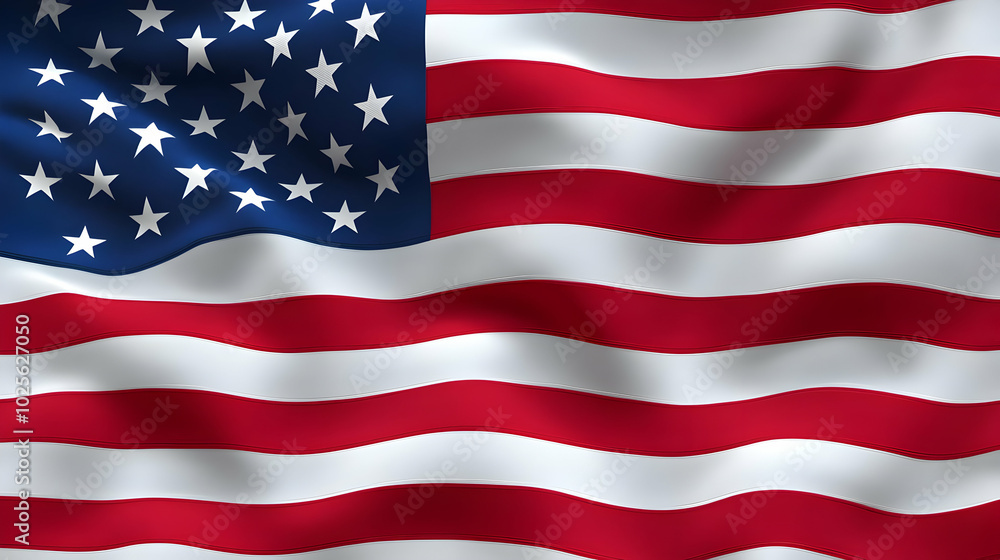 Waving American Flag with Red and White Stripes and Blue Field of Stars in 3D Render Waving American Flag with Red and White Stripes and Blue Field of Stars in 3D Render