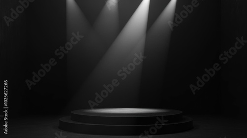 Dark Stage with Spotlights: Dramatic Lighting and Empty Podium