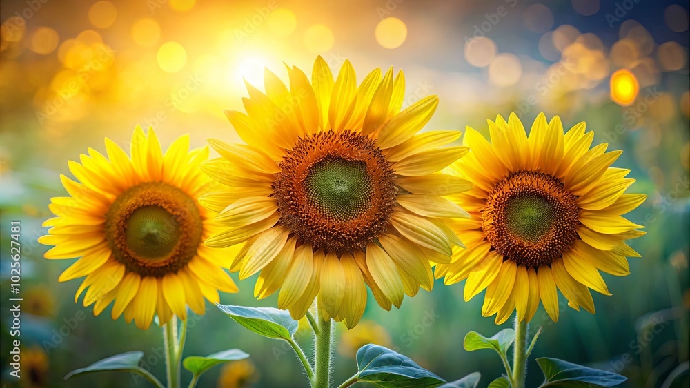 Obraz premium Golden Sunflowers Radiate Joy in a Field Bathed in Warm Light