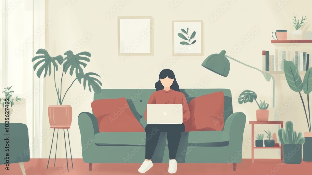 A woman sitting on a green sofa, using a laptop in a modern interior with plants A woman sitting on a green sofa, using a laptop in a modern interior with plants