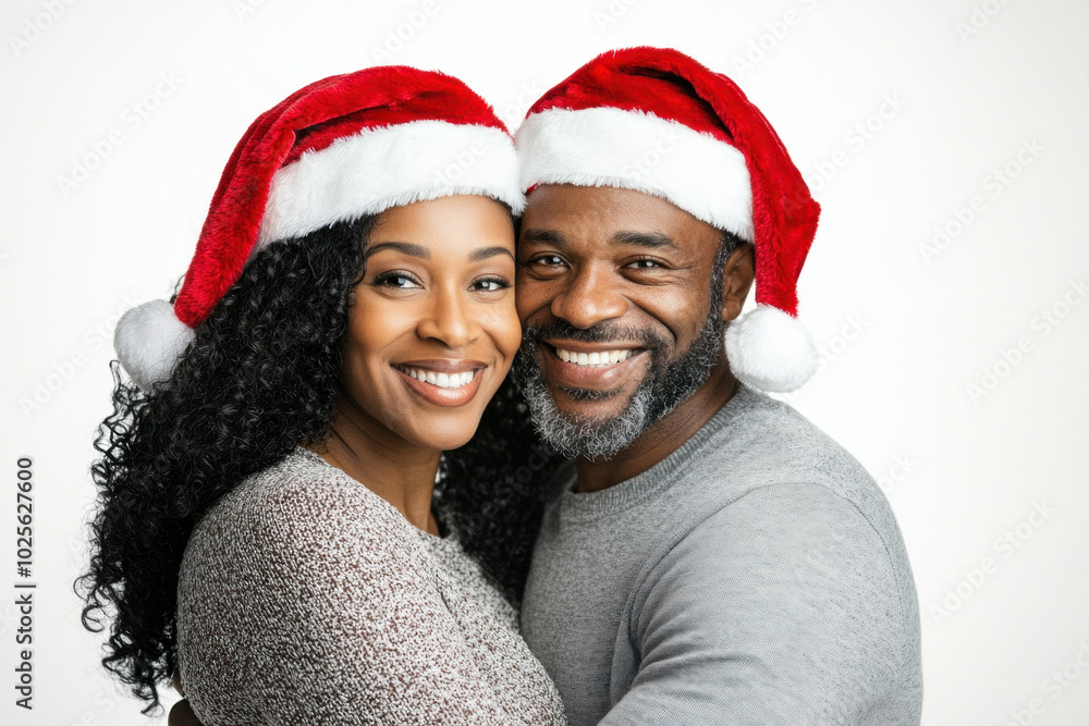 Man and woman wearing Santa hats, laughing together in front of a beautifully decorated Christmas tree with twinkling lights and colorful ornaments. Man and woman wearing Santa hats, laughing together in front of a beautifully decorated Christmas tree with twinkling lights and colorful ornaments.
