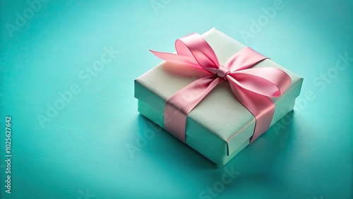 Elegant gift box with a soft pink ribbon on a turquoise background low angle