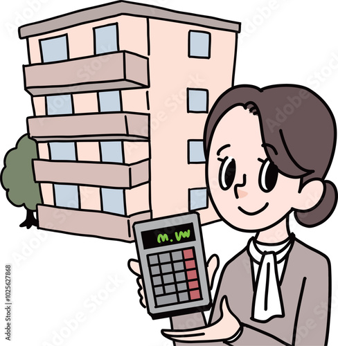 電卓を持った女性とマンション価格