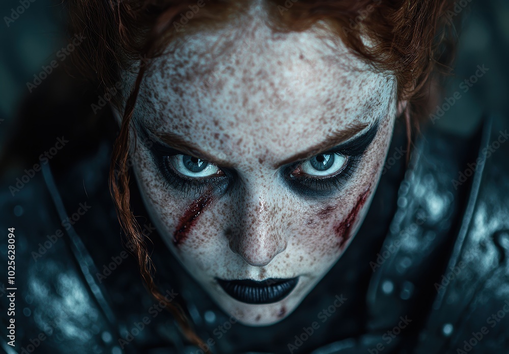 Intense gaze of a mysterious woman with freckles and dark makeup Intense gaze of a mysterious woman with freckles and dark makeup
