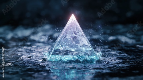 Glowing crystal pyramid in dark water