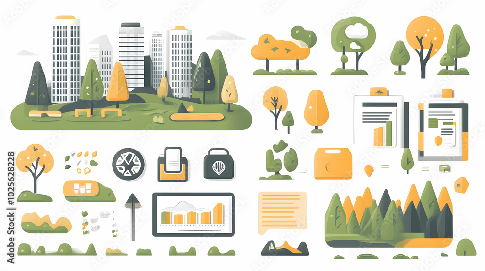 Obraz premium Illustrated City Park with Trees and Buildings, Featuring Graphic Design Elements Like Charts, Graphs, and Folders
