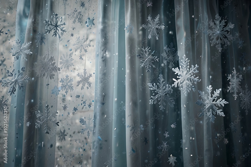 Dark Winter Curtains with Large Hanging Snowflakes Creating a Frosty, Enchanting Atmosphere Dark Winter Curtains with Large Hanging Snowflakes Creating a Frosty, Enchanting Atmosphere