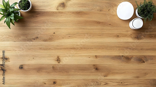 Wallpaper Mural Overhead View of a Light Wood Tabletop with Greenery and White Objects, a Natural and Minimalistic Aesthetic Torontodigital.ca