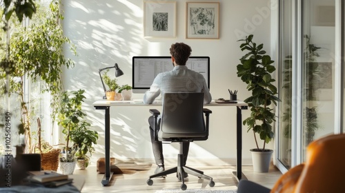 Man Working at a White Desk in a Modern Home Office