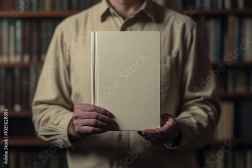 Librarian holding blank book cover, with copy space photo