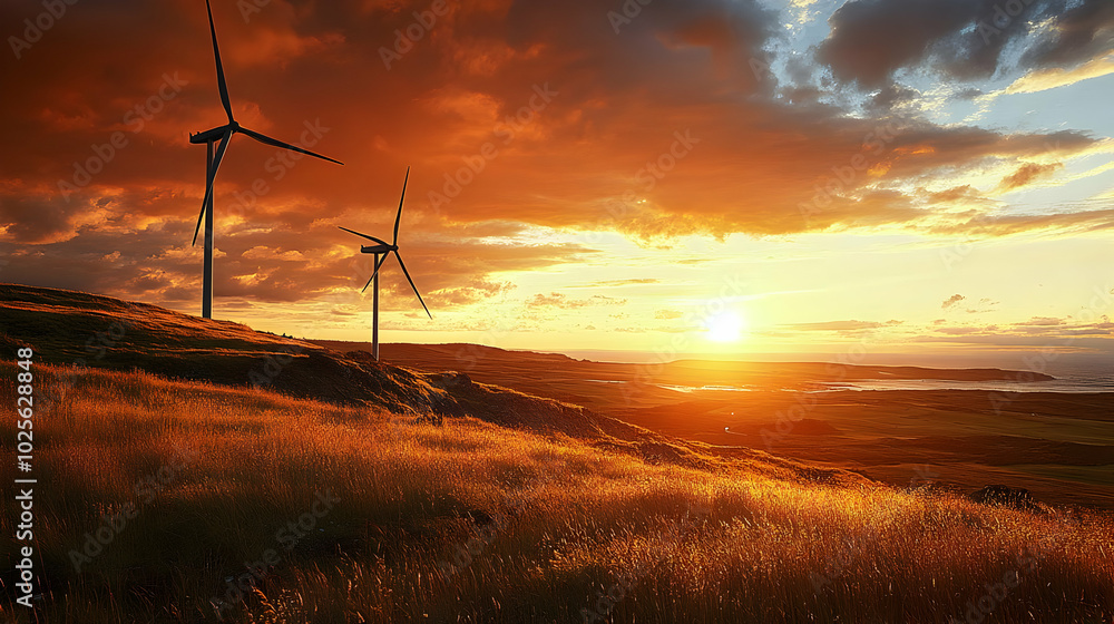 Obraz premium Two Wind Turbines Silhouetted Against a Fiery Sunset Over a Grassy Hilltop Landscape