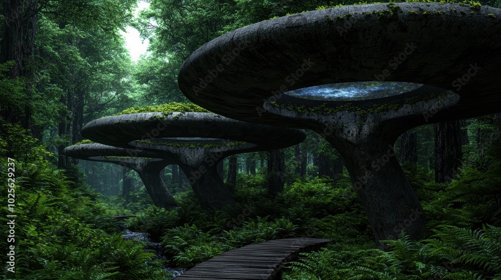 Enchanted forest with mystical mushroom structures Enchanted forest with mystical mushroom structures