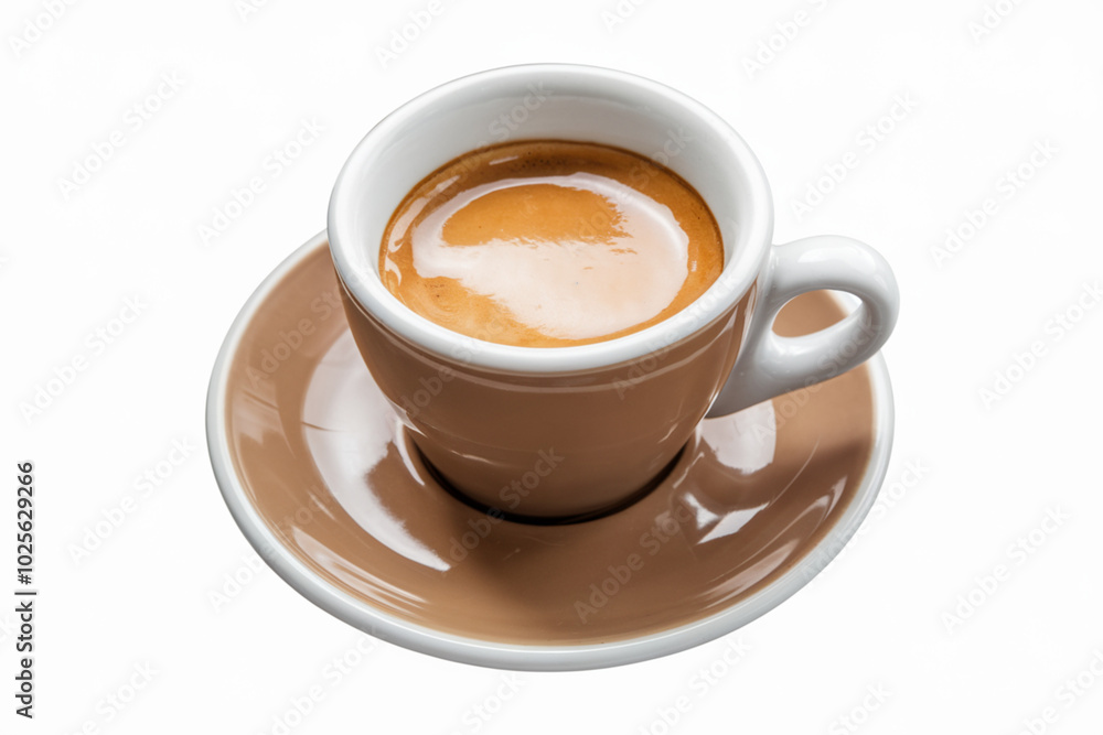 The espresso has a thin, dark brown crema on top. The cup is placed on a beige saucer. The espresso has a thin, dark brown crema on top. The cup is placed on a beige saucer.